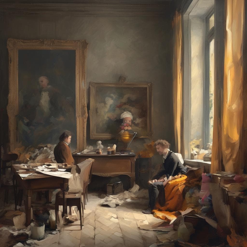 Έργο τέχνης στο εσωτερικό του μουσείου, απεικονίζει καλλιτέχνες σε συντροφιά, με ζωγραφικά έργα και παράθυρα φωτιστικά, εκφράζοντας εσωτερική δημιουργικότητα.