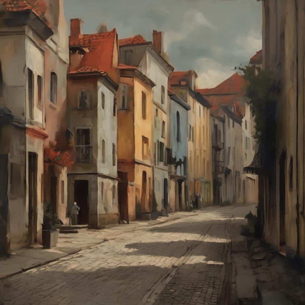 Ζωγραφιά οδού ξεχασμένης πόλης με σπίτια σε ελαιογραφία, εκφραστικός εξπρεσιονισμός και κοινωνικές προεκτάσεις.